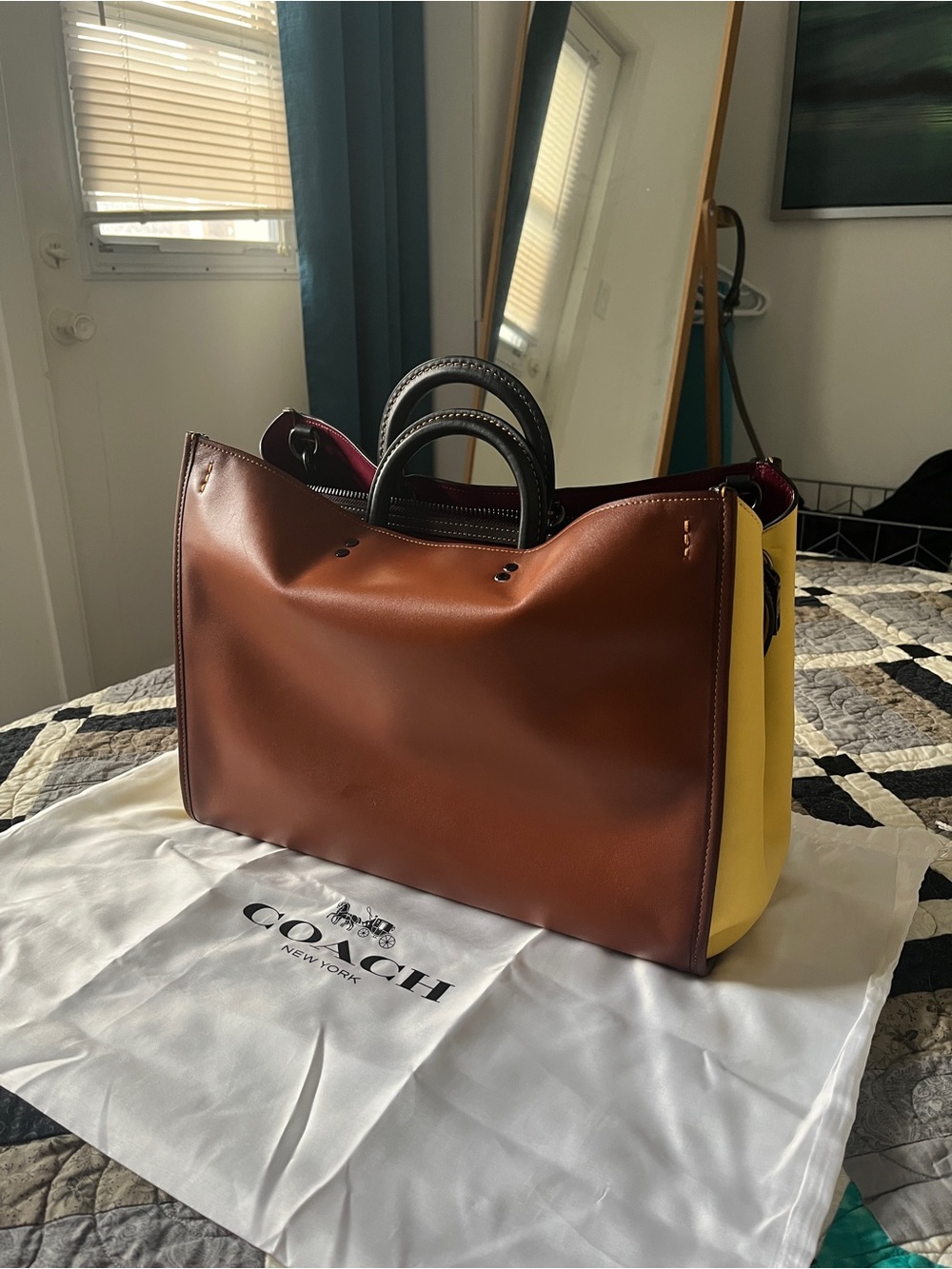 Coach Color Block Rogue 39 (Saddle, Yellow, Wine Interior)